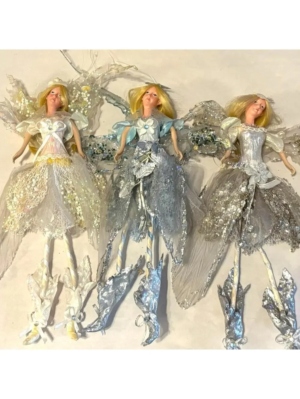 Set Of 3 Vintage Sparkling Fairies Glitter Wings Tulle Hanging Decor Ornaments